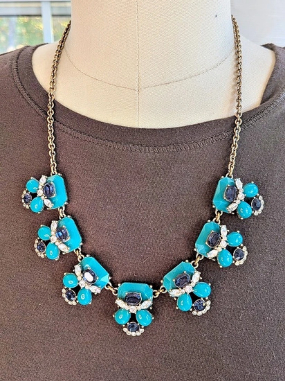 J.Crew Antique Gold Turquoise Resin & Purple Crystal Cluster Statement Necklace